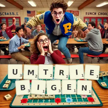 Kreative Illustration für ein Scrabble-Spiel, bei dem das Wort UMTRIEBIGEN mit Steinen auf dem Brett gelegt wurde.