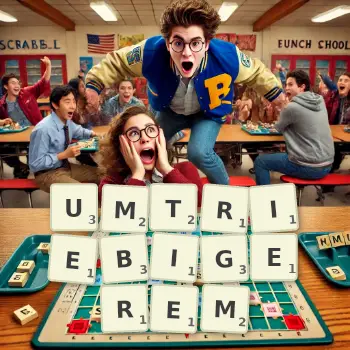 Kreative Illustration für ein Scrabble-Spiel, bei dem das Wort UMTRIEBIGEREM mit Steinen auf dem Brett gelegt wurde.