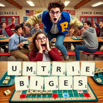 Kreative Illustration für ein Scrabble-Spiel, bei dem das Wort UMTRIEBIGES mit Steinen auf dem Brett gelegt wurde.