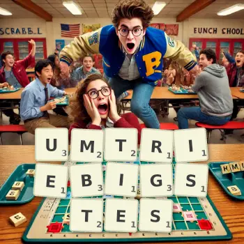 Kreative Illustration für ein Scrabble-Spiel, bei dem das Wort UMTRIEBIGSTES mit Steinen auf dem Brett gelegt wurde.