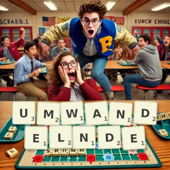 Kreative Illustration für ein Scrabble-Spiel, bei dem das Wort UMWANDELNDE mit Steinen auf dem Brett gelegt wurde.