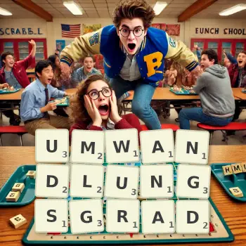 Kreative Illustration für ein Scrabble-Spiel, bei dem das Wort UMWANDLUNGSGRAD mit Steinen auf dem Brett gelegt wurde.