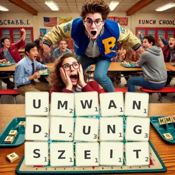 Kreative Illustration für ein Scrabble-Spiel, bei dem das Wort UMWANDLUNGSZEIT mit Steinen auf dem Brett gelegt wurde.