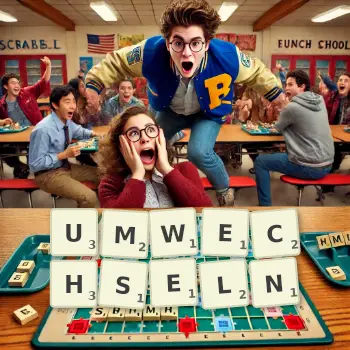 Kreative Illustration für ein Scrabble-Spiel, bei dem das Wort UMWECHSELN mit Steinen auf dem Brett gelegt wurde.