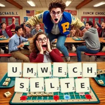 Kreative Illustration für ein Scrabble-Spiel, bei dem das Wort UMWECHSELTE mit Steinen auf dem Brett gelegt wurde.