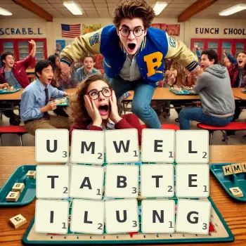 Kreative Illustration für ein Scrabble-Spiel, bei dem das Wort UMWELTABTEILUNG mit Steinen auf dem Brett gelegt wurde.