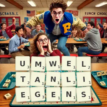 Kreative Illustration für ein Scrabble-Spiel, bei dem das Wort UMWELTANLIEGENS mit Steinen auf dem Brett gelegt wurde.