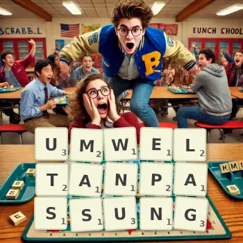 Kreative Illustration für ein Scrabble-Spiel, bei dem das Wort UMWELTANPASSUNG mit Steinen auf dem Brett gelegt wurde.