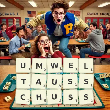 Kreative Illustration für ein Scrabble-Spiel, bei dem das Wort UMWELTAUSSCHUSS mit Steinen auf dem Brett gelegt wurde.