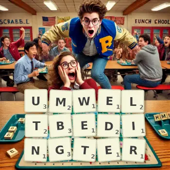 Kreative Illustration für ein Scrabble-Spiel, bei dem das Wort UMWELTBEDINGTER mit Steinen auf dem Brett gelegt wurde.