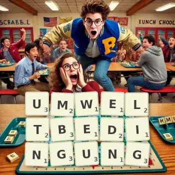 Kreative Illustration für ein Scrabble-Spiel, bei dem das Wort UMWELTBEDINGUNG mit Steinen auf dem Brett gelegt wurde.