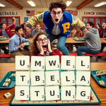 Kreative Illustration für ein Scrabble-Spiel, bei dem das Wort UMWELTBELASTUNG mit Steinen auf dem Brett gelegt wurde.