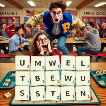 Kreative Illustration für ein Scrabble-Spiel, bei dem das Wort UMWELTBEWUSSTEN mit Steinen auf dem Brett gelegt wurde.