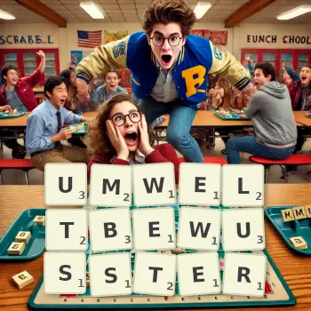 Kreative Illustration für ein Scrabble-Spiel, bei dem das Wort UMWELTBEWUSSTER mit Steinen auf dem Brett gelegt wurde.