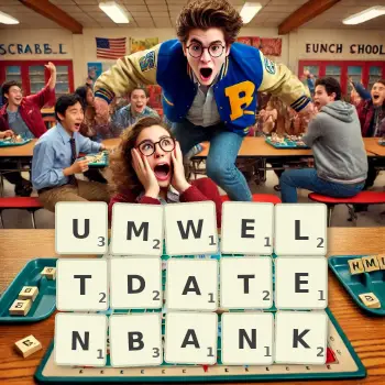 Kreative Illustration für ein Scrabble-Spiel, bei dem das Wort UMWELTDATENBANK mit Steinen auf dem Brett gelegt wurde.