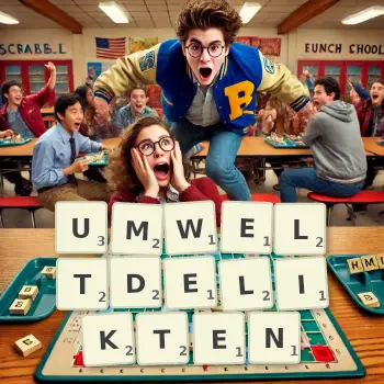 Kreative Illustration für ein Scrabble-Spiel, bei dem das Wort UMWELTDELIKTEN mit Steinen auf dem Brett gelegt wurde.