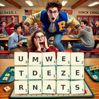 Kreative Illustration für ein Scrabble-Spiel, bei dem das Wort UMWELTDEZERNATS mit Steinen auf dem Brett gelegt wurde.