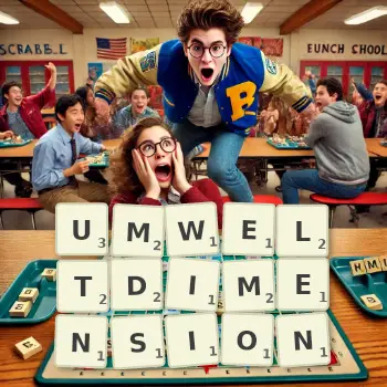 Kreative Illustration für ein Scrabble-Spiel, bei dem das Wort UMWELTDIMENSION mit Steinen auf dem Brett gelegt wurde.