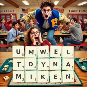 Kreative Illustration für ein Scrabble-Spiel, bei dem das Wort UMWELTDYNAMIKEN mit Steinen auf dem Brett gelegt wurde.