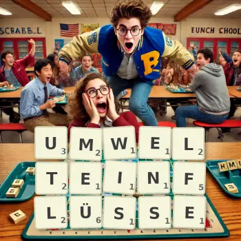 Kreative Illustration für ein Scrabble-Spiel, bei dem das Wort UMWELTEINFLÜSSE mit Steinen auf dem Brett gelegt wurde.