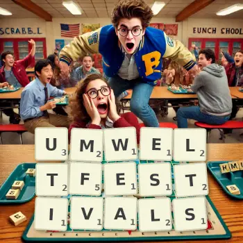 Kreative Illustration für ein Scrabble-Spiel, bei dem das Wort UMWELTFESTIVALS mit Steinen auf dem Brett gelegt wurde.