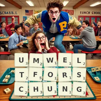 Kreative Illustration für ein Scrabble-Spiel, bei dem das Wort UMWELTFORSCHUNG mit Steinen auf dem Brett gelegt wurde.