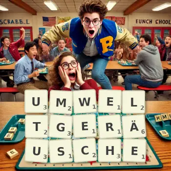 Kreative Illustration für ein Scrabble-Spiel, bei dem das Wort UMWELTGERÄUSCHE mit Steinen auf dem Brett gelegt wurde.