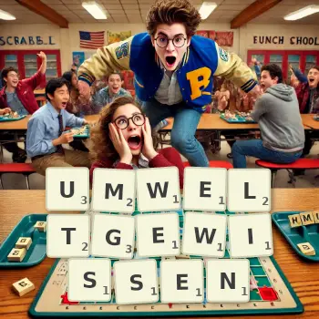 Kreative Illustration für ein Scrabble-Spiel, bei dem das Wort UMWELTGEWISSEN mit Steinen auf dem Brett gelegt wurde.