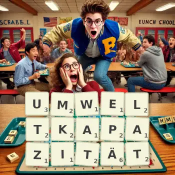 Kreative Illustration für ein Scrabble-Spiel, bei dem das Wort UMWELTKAPAZITÄT mit Steinen auf dem Brett gelegt wurde.