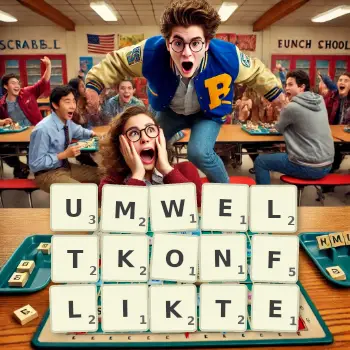 Kreative Illustration für ein Scrabble-Spiel, bei dem das Wort UMWELTKONFLIKTE mit Steinen auf dem Brett gelegt wurde.