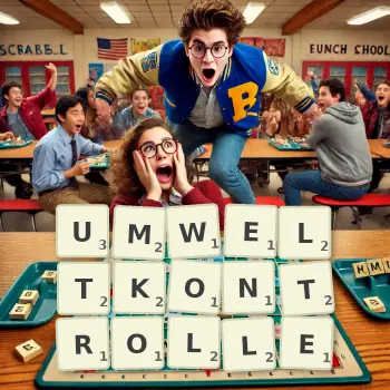 Kreative Illustration für ein Scrabble-Spiel, bei dem das Wort UMWELTKONTROLLE mit Steinen auf dem Brett gelegt wurde.