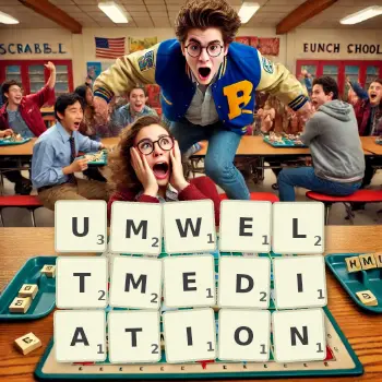 Kreative Illustration für ein Scrabble-Spiel, bei dem das Wort UMWELTMEDIATION mit Steinen auf dem Brett gelegt wurde.