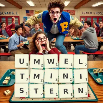 Kreative Illustration für ein Scrabble-Spiel, bei dem das Wort UMWELTMINISTERN mit Steinen auf dem Brett gelegt wurde.