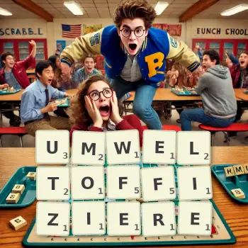 Kreative Illustration für ein Scrabble-Spiel, bei dem das Wort UMWELTOFFIZIERE mit Steinen auf dem Brett gelegt wurde.