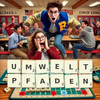 Kreative Illustration für ein Scrabble-Spiel, bei dem das Wort UMWELTPFADEN mit Steinen auf dem Brett gelegt wurde.