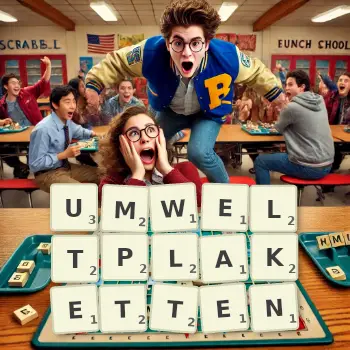 Kreative Illustration für ein Scrabble-Spiel, bei dem das Wort UMWELTPLAKETTEN mit Steinen auf dem Brett gelegt wurde.