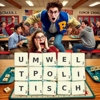 Kreative Illustration für ein Scrabble-Spiel, bei dem das Wort UMWELTPOLITISCH mit Steinen auf dem Brett gelegt wurde.