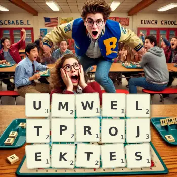 Kreative Illustration für ein Scrabble-Spiel, bei dem das Wort UMWELTPROJEKTES mit Steinen auf dem Brett gelegt wurde.