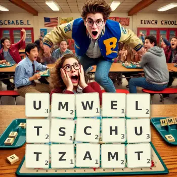 Kreative Illustration für ein Scrabble-Spiel, bei dem das Wort UMWELTSCHUTZAMT mit Steinen auf dem Brett gelegt wurde.