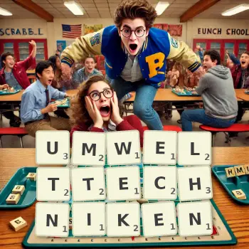 Kreative Illustration für ein Scrabble-Spiel, bei dem das Wort UMWELTTECHNIKEN mit Steinen auf dem Brett gelegt wurde.