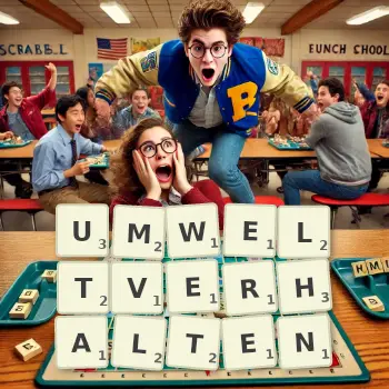 Kreative Illustration für ein Scrabble-Spiel, bei dem das Wort UMWELTVERHALTEN mit Steinen auf dem Brett gelegt wurde.