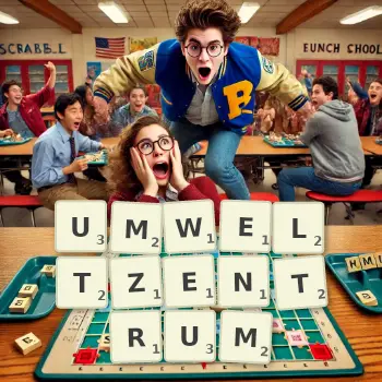 Kreative Illustration für ein Scrabble-Spiel, bei dem das Wort UMWELTZENTRUM mit Steinen auf dem Brett gelegt wurde.