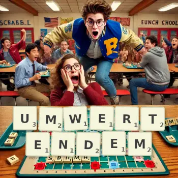 Kreative Illustration für ein Scrabble-Spiel, bei dem das Wort UMWERTENDEM mit Steinen auf dem Brett gelegt wurde.