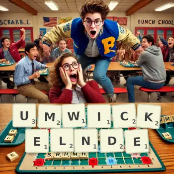 Kreative Illustration für ein Scrabble-Spiel, bei dem das Wort UMWICKELNDE mit Steinen auf dem Brett gelegt wurde.