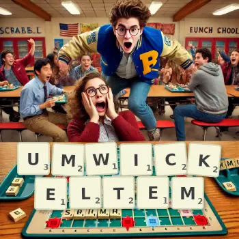 Kreative Illustration für ein Scrabble-Spiel, bei dem das Wort UMWICKELTEM mit Steinen auf dem Brett gelegt wurde.