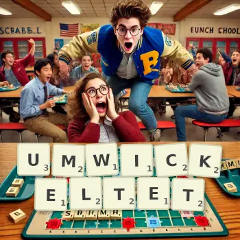 Kreative Illustration für ein Scrabble-Spiel, bei dem das Wort UMWICKELTET mit Steinen auf dem Brett gelegt wurde.