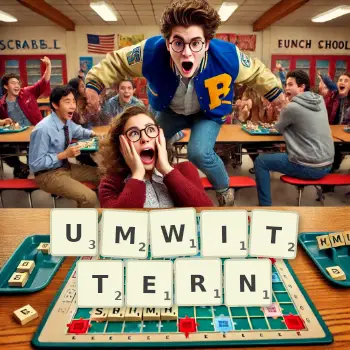 Kreative Illustration für ein Scrabble-Spiel, bei dem das Wort UMWITTERN mit Steinen auf dem Brett gelegt wurde.