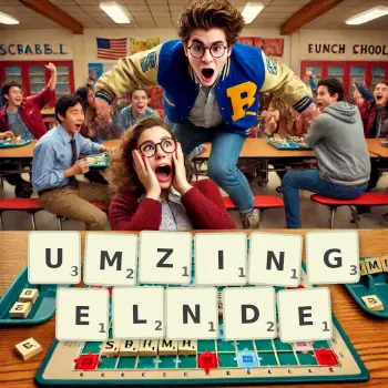 Kreative Illustration für ein Scrabble-Spiel, bei dem das Wort UMZINGELNDE mit Steinen auf dem Brett gelegt wurde.
