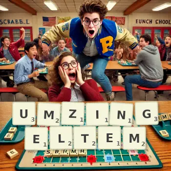 Kreative Illustration für ein Scrabble-Spiel, bei dem das Wort UMZINGELTEM mit Steinen auf dem Brett gelegt wurde.