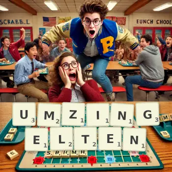 Kreative Illustration für ein Scrabble-Spiel, bei dem das Wort UMZINGELTEN mit Steinen auf dem Brett gelegt wurde.